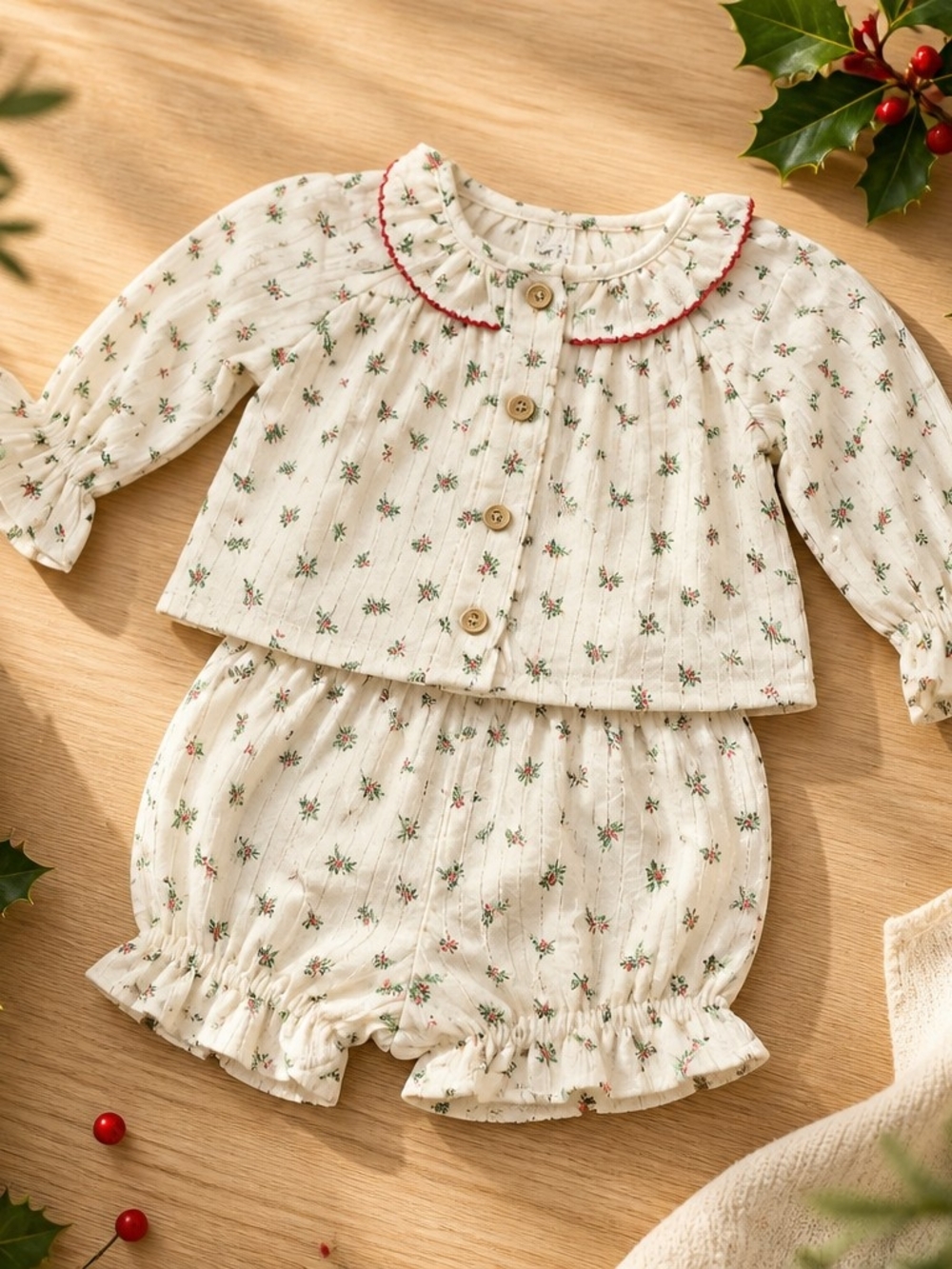 cloud island Cream Floral Ruffled Collar Pajama Set with Red Trim Sz 0/3 New